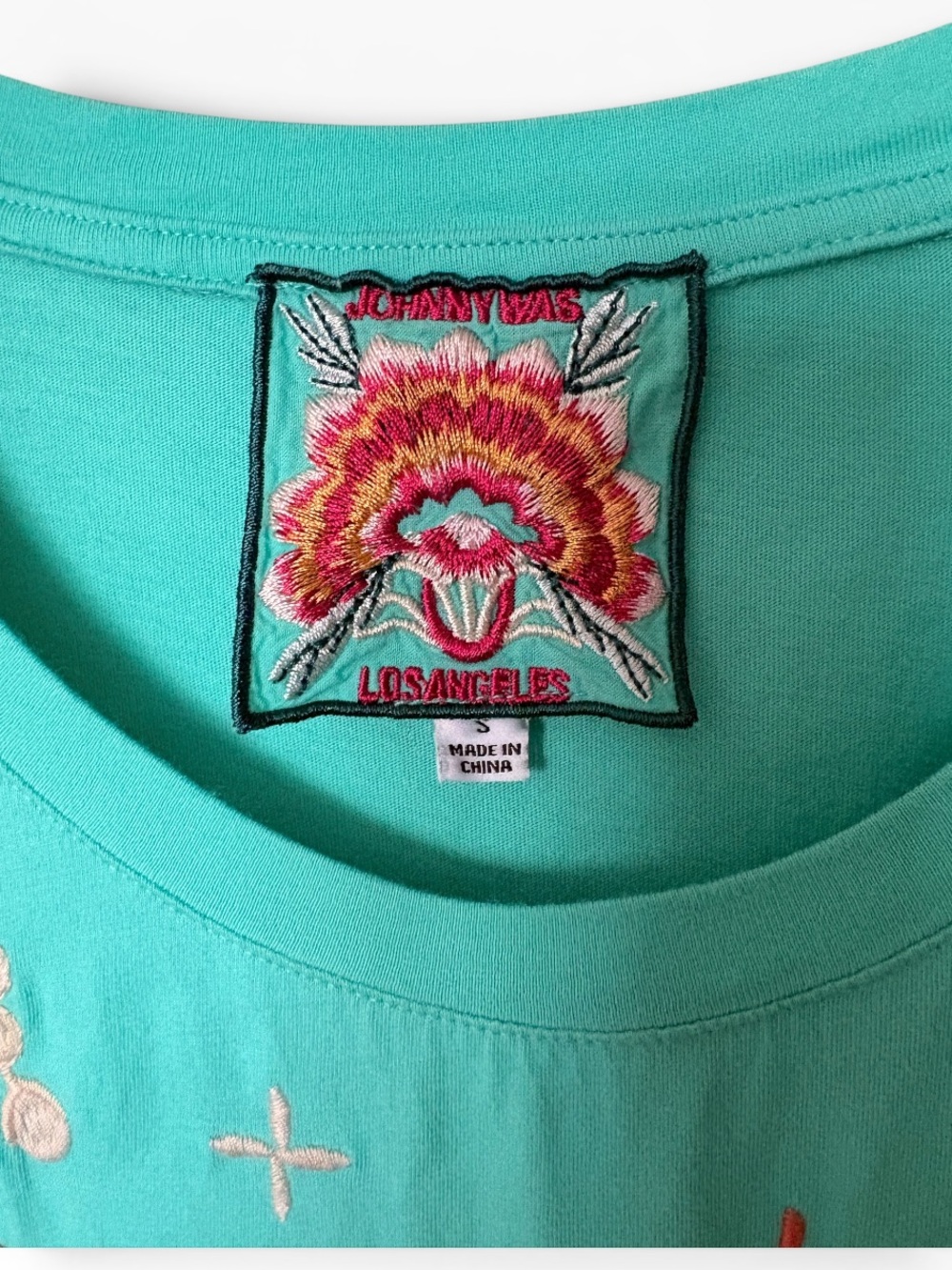Johnny Was Teal Embroidered Crane Bird Floral Tee Small Boho Asian Cottage S - Picture 4 of 5